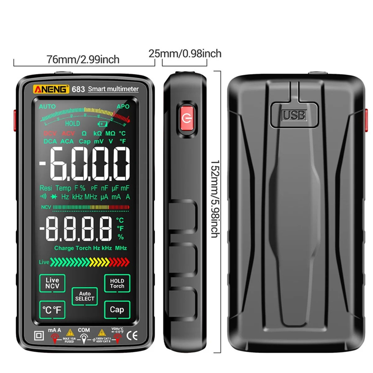 683 Smart Multimeter High-End Touch 6000 Counts Multimetro Test Rechargeable Multitester AC/ Tester Tool Black