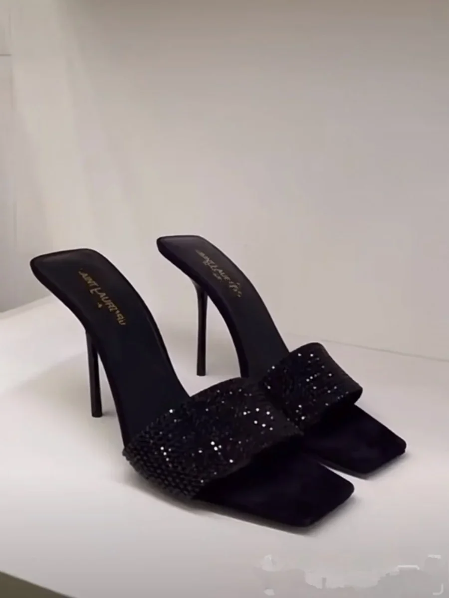 Summer 2025 Women\'s Black Water Diamond Strap Sandals Square Head High Heel Thin Heel Stylish Yangshulin Design