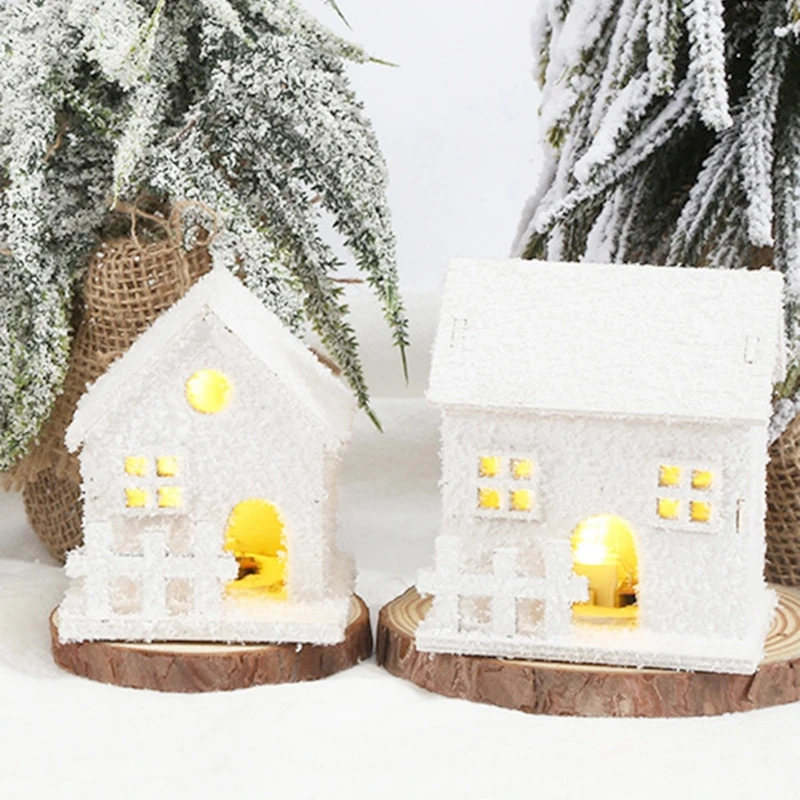 Christmas LED Light House Luminous Wooden Cabin Ornament Snow Scene Village Christmas Decoration For Home New Year Kids Gifts