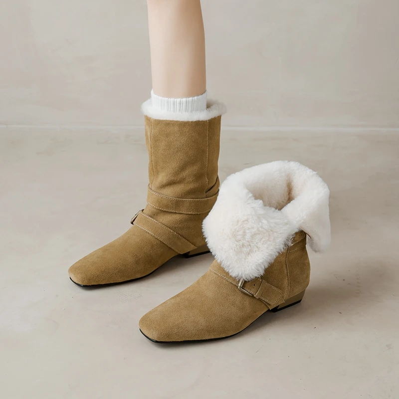 

2026 New Cow Suede Leather Ankle Boots for Women Warm Wool Winter Snow Boots Square Toe Buckle Short Office Short Boots Shoes