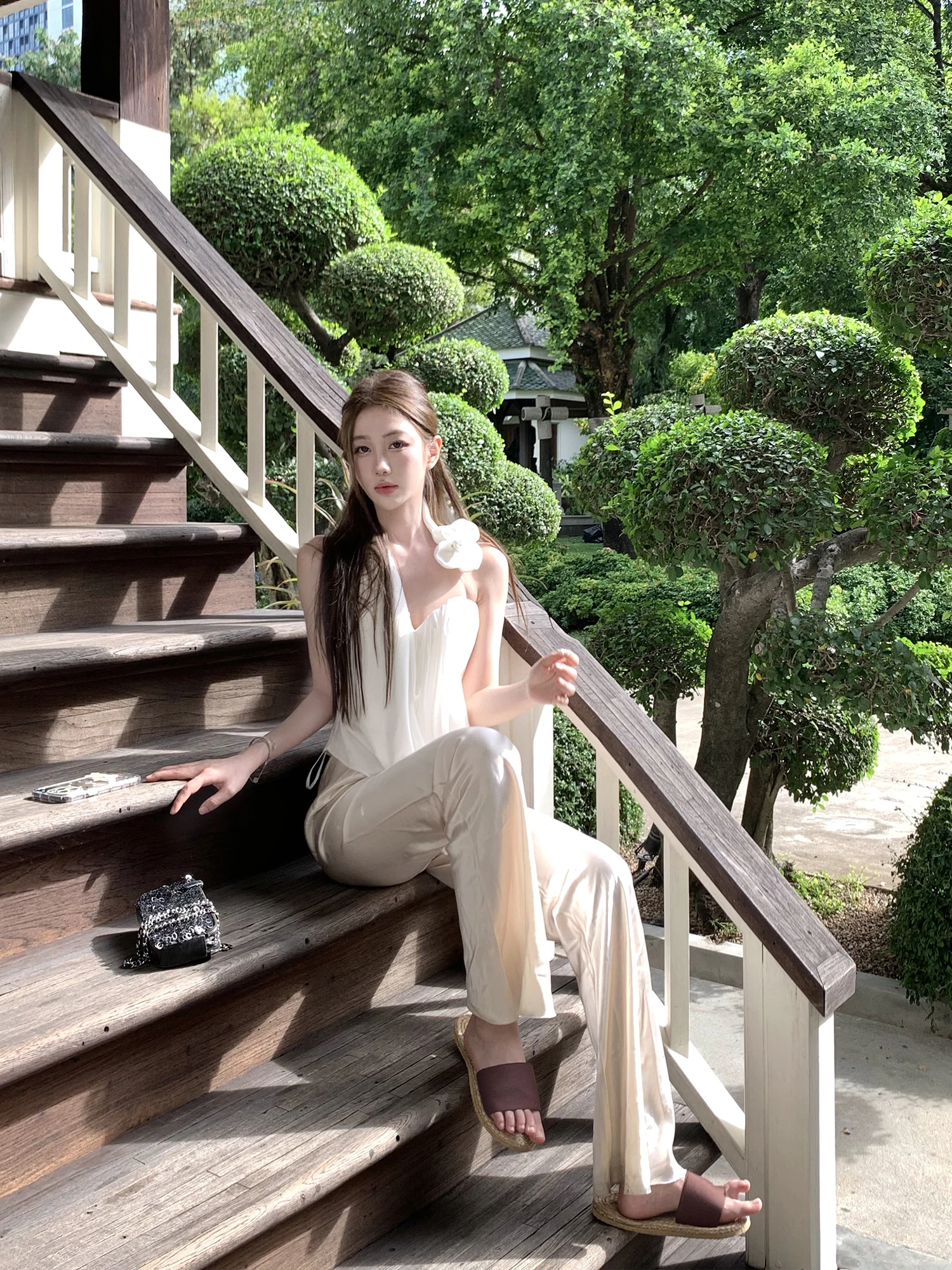 

Handmade Hanging Ne Bowed White Flower 3D Blooming Top Women's Slim Fit Bal Sle Commute Faion Regular Svel