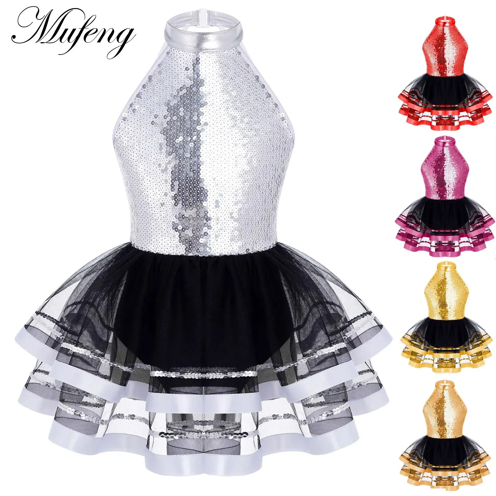 Pretty Girls Sequins Halter Ballet Dance Tutu Dress Shiny Gymnastics Leotard Glitter Modern Latin Jazz Dancing Costume Dancewear