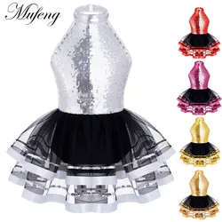 Pretty Girls Sequins Halter Ballet Dance Tutu Dress Shiny Gymnastics Leotard Glitter Modern Latin Jazz Dancing Costume Dancewear