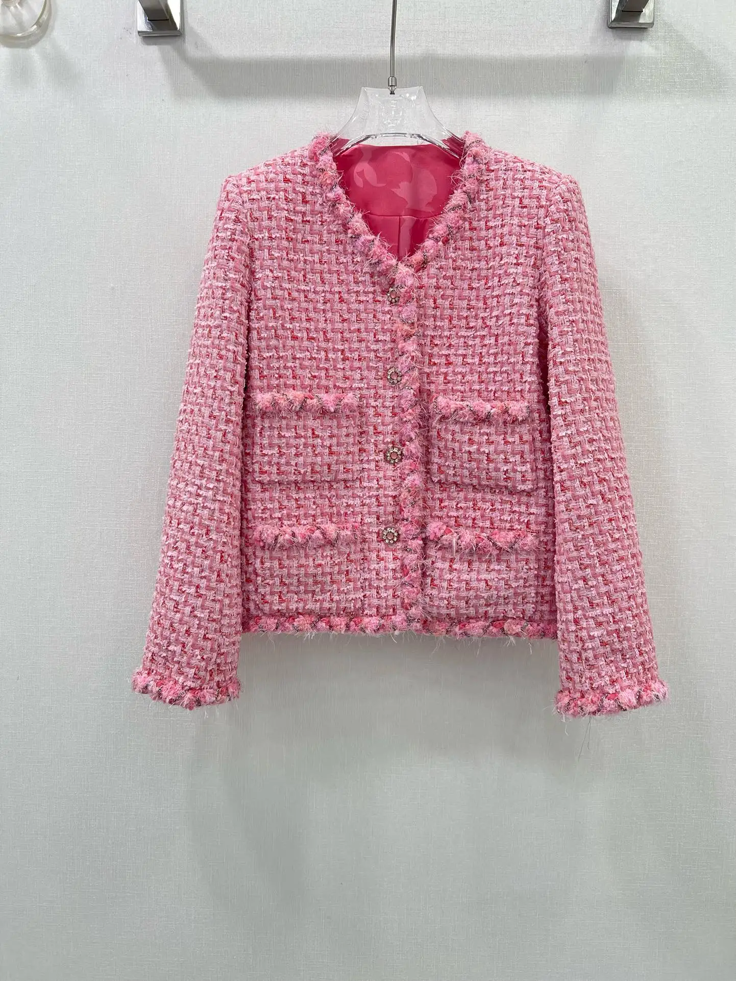 2024 Autumn/Winter New Women's Clothing Pink glitter decorative round neck double pocket woven handmade jacket 1011