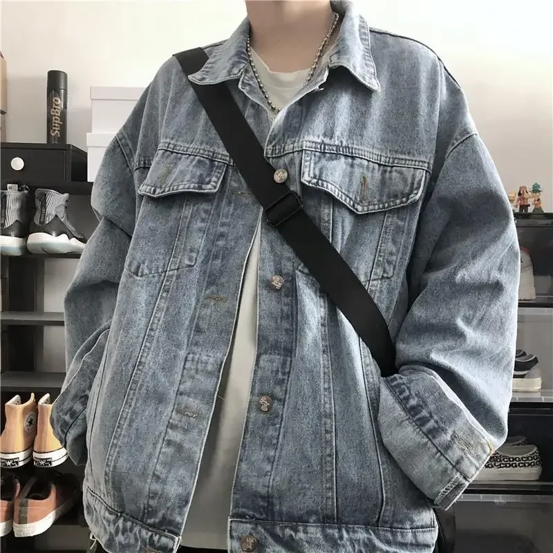 Male Jean Coats Wide Sleeves Autumn Gray Men's Denim Jacket Y2k Vintage Korean Popular Clothes Original Big Size Low Cost Price