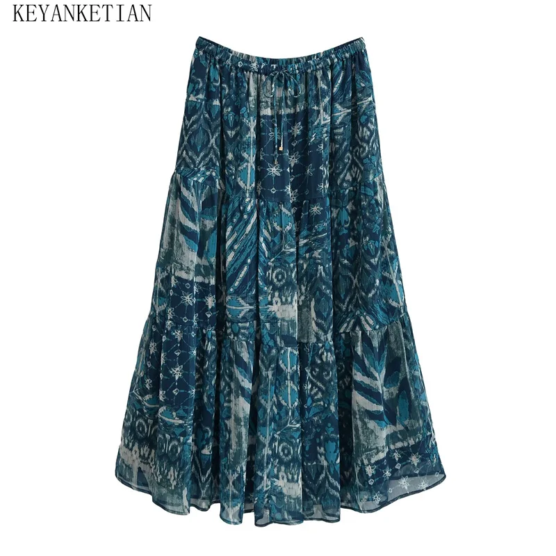 KEYANKETIAN 2024 New Launch Women Wire Embellishment Printed Chiffon Skirt Ethnic style Lace Up Elastic Waist A-line MIDI Skirt