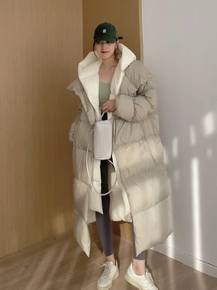 Female Fashion Fake Two-piece Parkas Down Jacket Thick Warm Hooded Long Coat Fluffy White Duck Down Jacket New Winter 2024