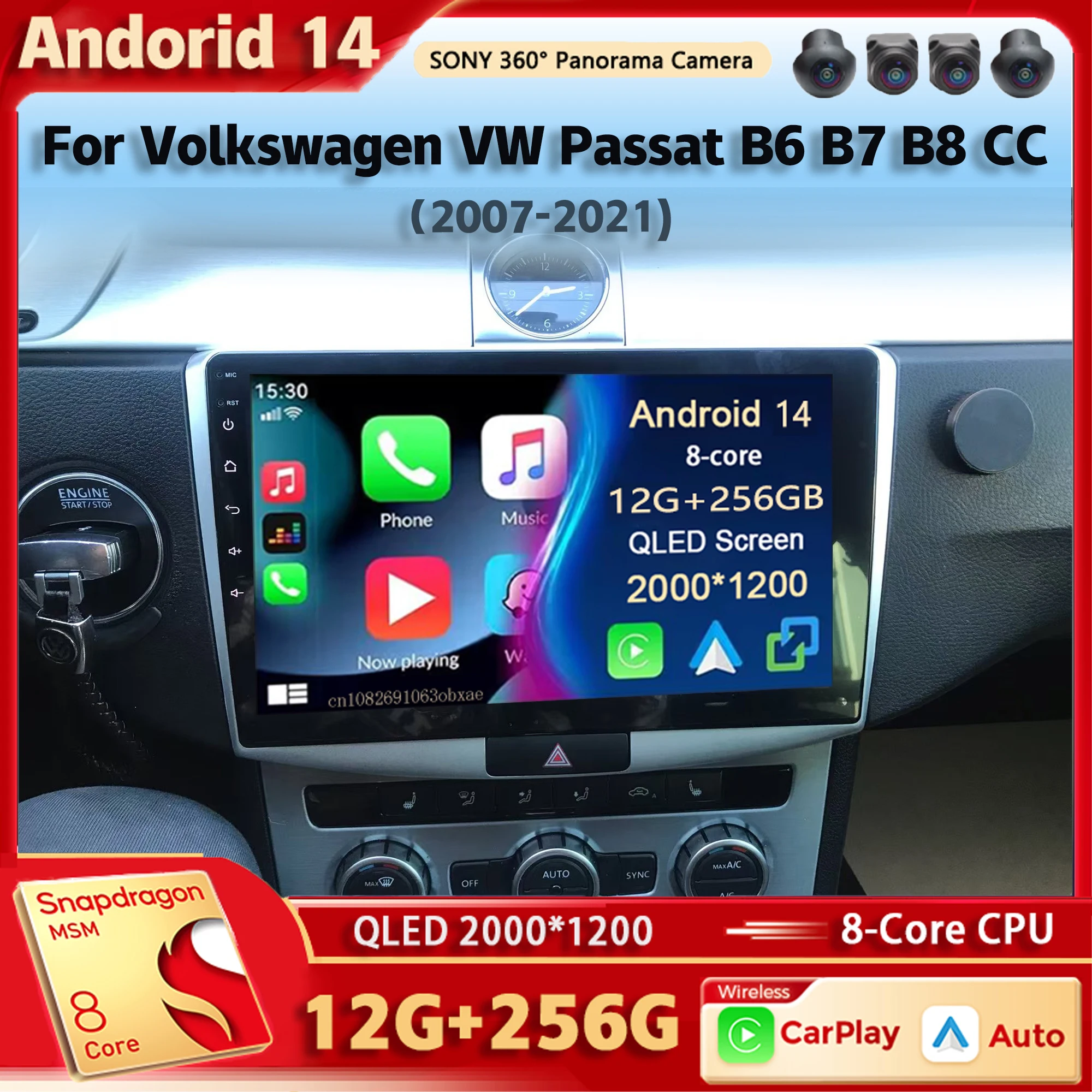 Autoradio Android 14, Carplay, WiFi, 4G, Ai Voice, Lecteur Stéréo, Limitation, Volkswagen, VW Passat Gods, B7, B8, CC, 2007-2021