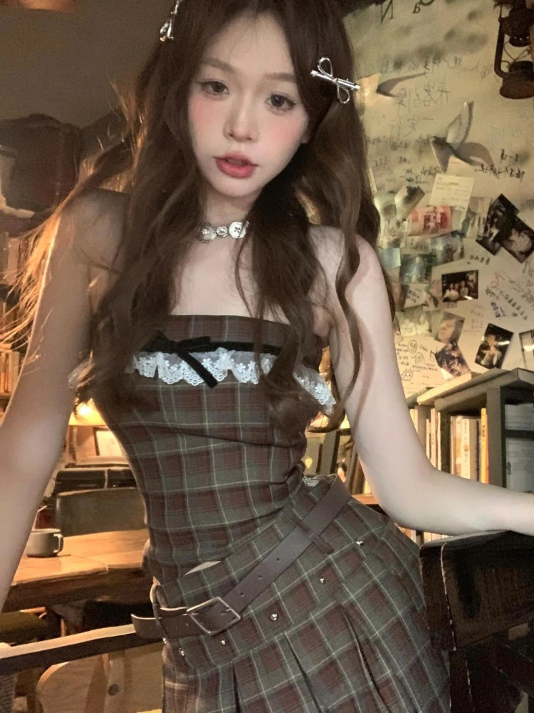 2024 Summer Elegant Plaid 2 Piece Skirt Set Women Casual Y2k Sleeveless Tops + Slim Mini Skirts 2000s Vintage Korea Fashion Suit