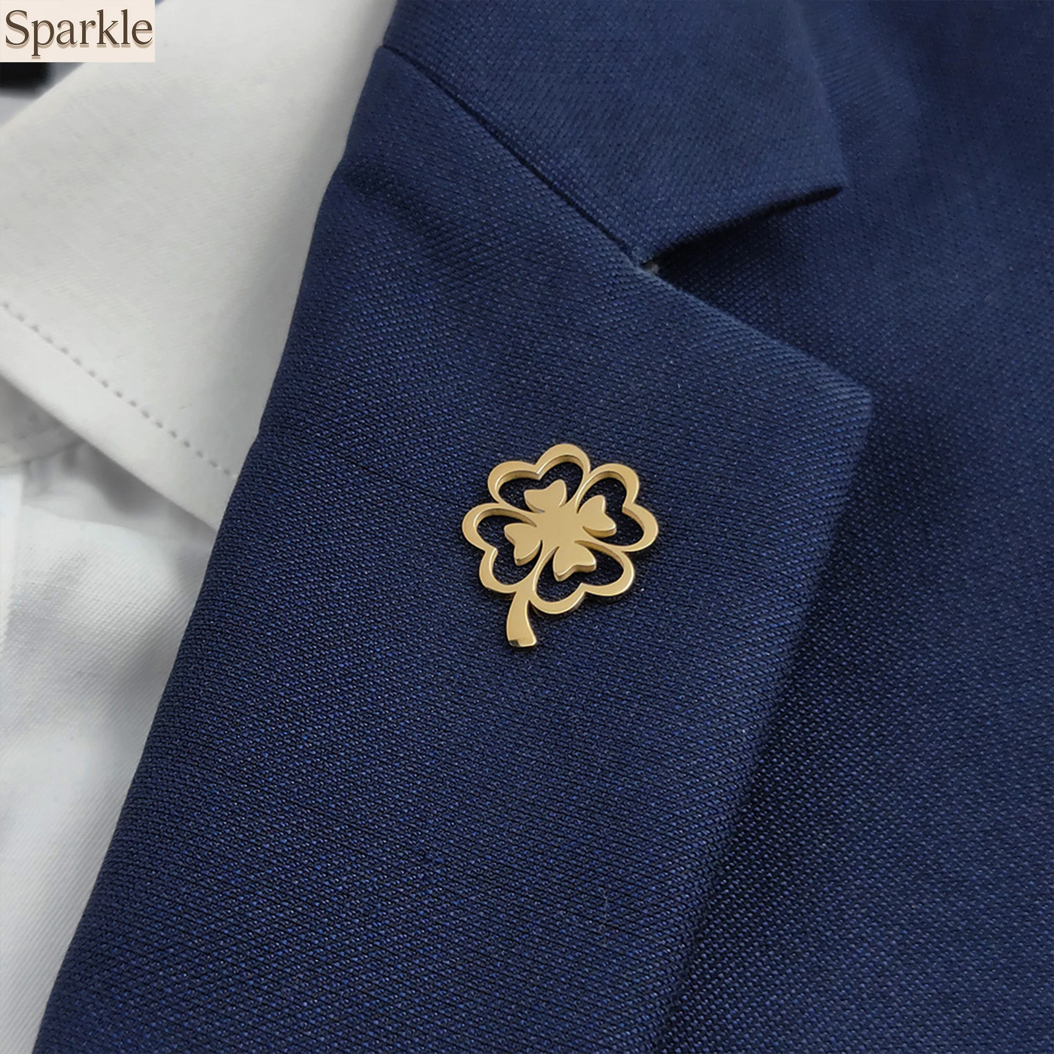 Four-leaf clover gold-plated badge, silver collar brooch, black formal lapel pin, nameplate suit accessories set, men's gift