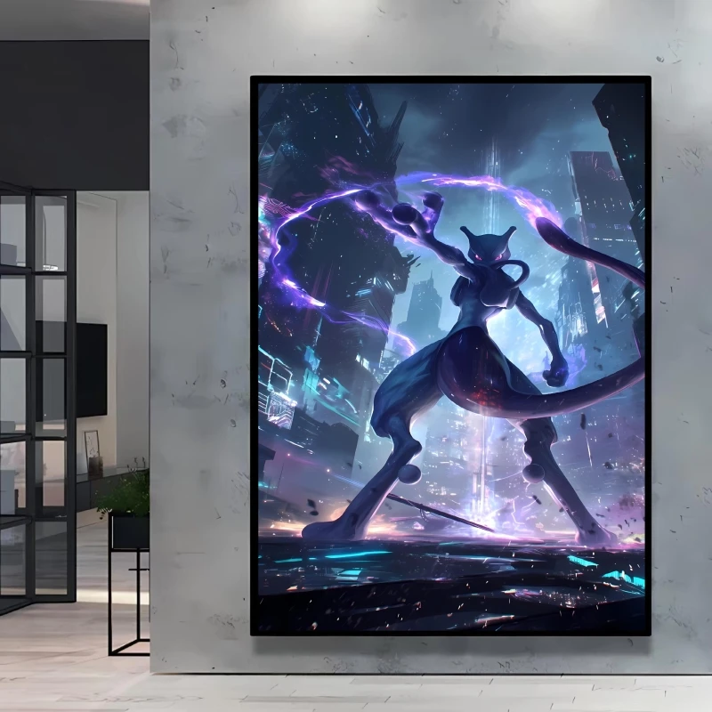 الكلاسيكية أنيمي البوكيمون Mewtwo المشارك HD شخصية كرتونية صور قماش اللوحة ديكور المنزل غرفة المعيشة ديكور هدية أحجام متنوعة