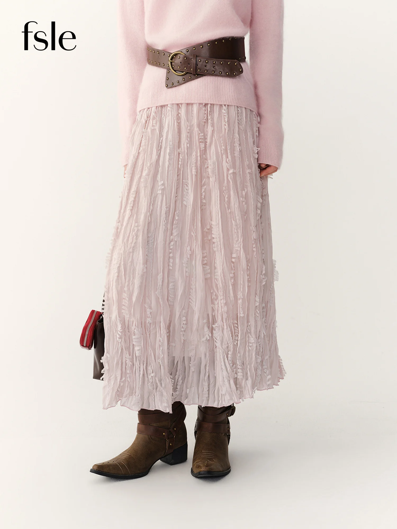 FSLE 2026 Autumn Winter New Women's Elegant Pleated Tassel Textured Skirt Elastic Waist Fashion Casual Flowy Mid‑Length Bottoms