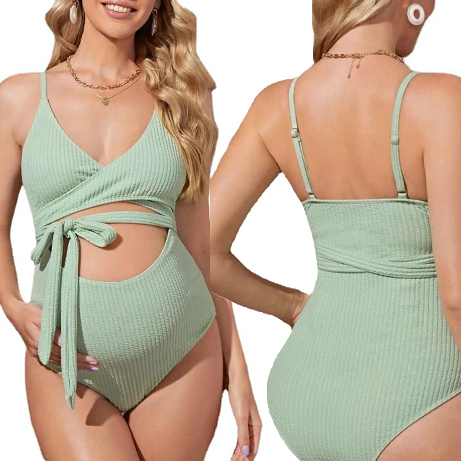 New Pregnant Women Green Swimwear Bathing Suit Premama Solid Color Hollow Out Beachwear Swimsuit Maternity Bikini Summer Clothes