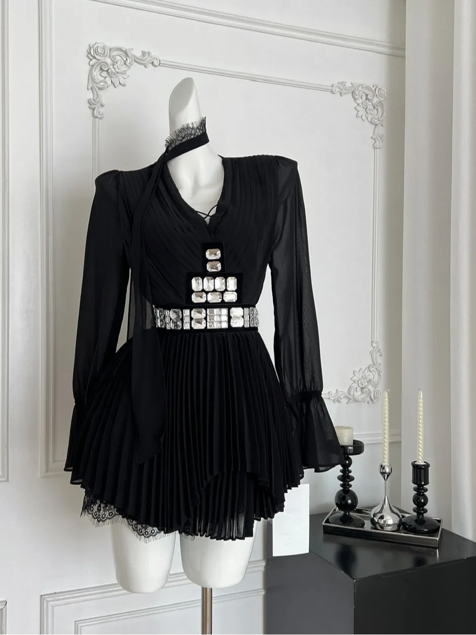 

Длинный шифоновый топ Pure Desire Heavy Embellied V-Ne с застежкой на талии, женская плиссированная юбка с высокой талией, комплект из двух предметов