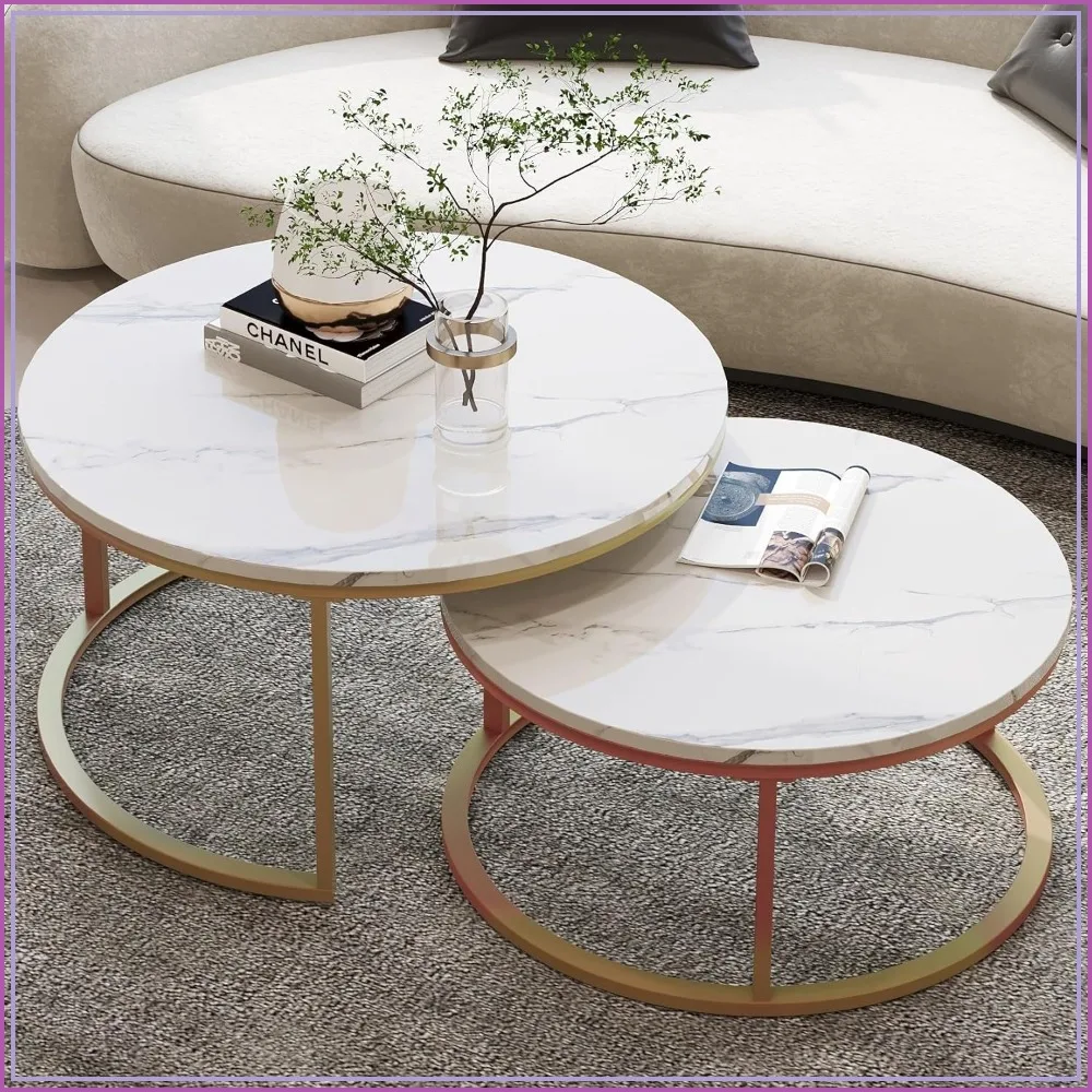 Round Coffee Table Set of 2, Large 34in & Small 26in, Modern Metal Frame, Faux Marble, White & Gold