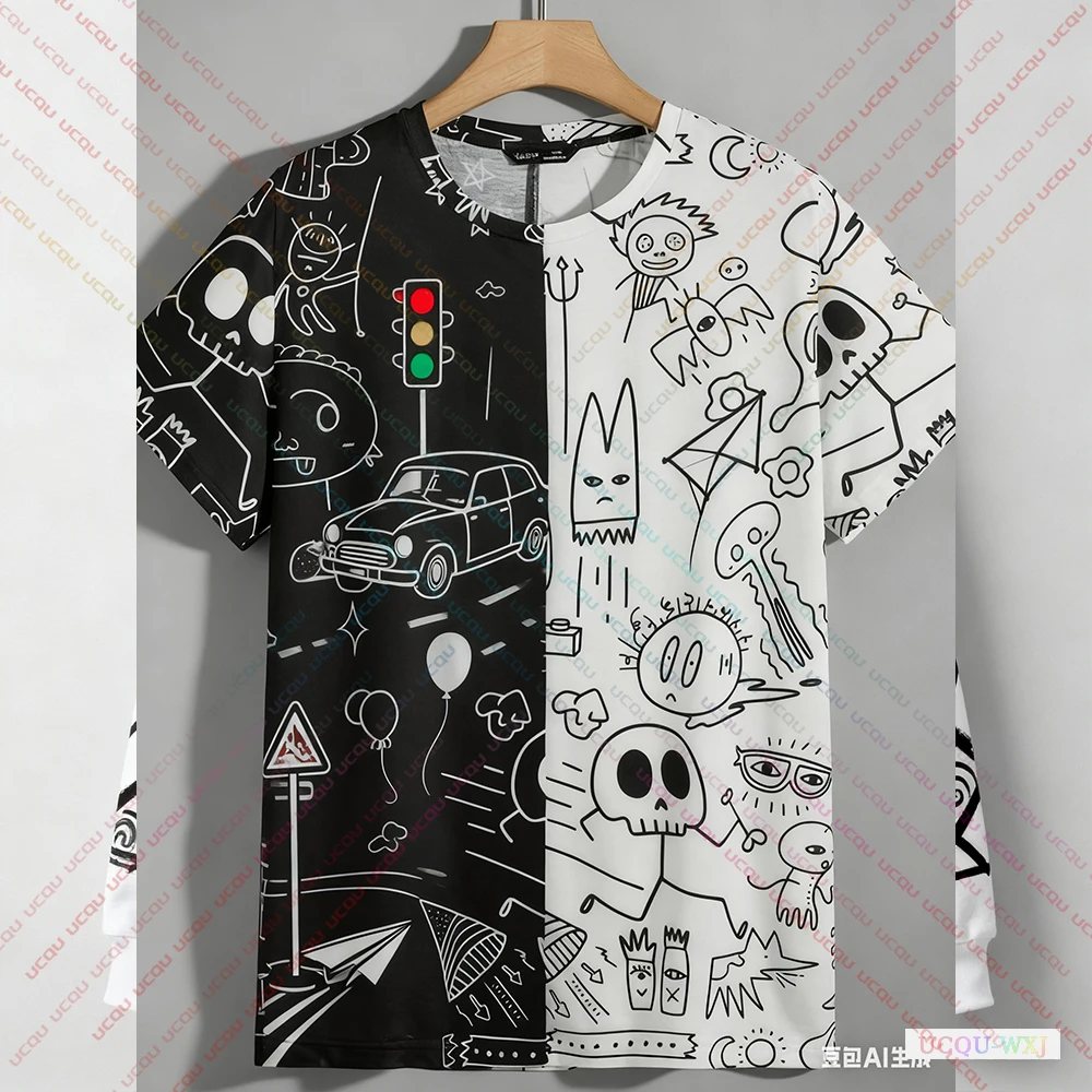 

2025 New Fall T-shirt Black And White Graffiti Art Print Fashion Short Sleeved Shirt Adult And Children's Same Design