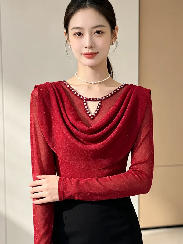 Slimming Effect Diamond Embedded Long Sleeve Elastic Shiny Thread Base Shirt Autumn New Style Women's Fashionable Knitted T-s...