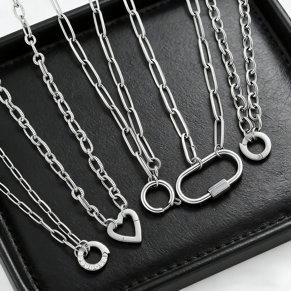 Silver Color Paperclip Link Chain with Multi-Purpose Clasp DIY Heart/Anchor/Zirconia Hypoallergenic Stainless Steel Necklace