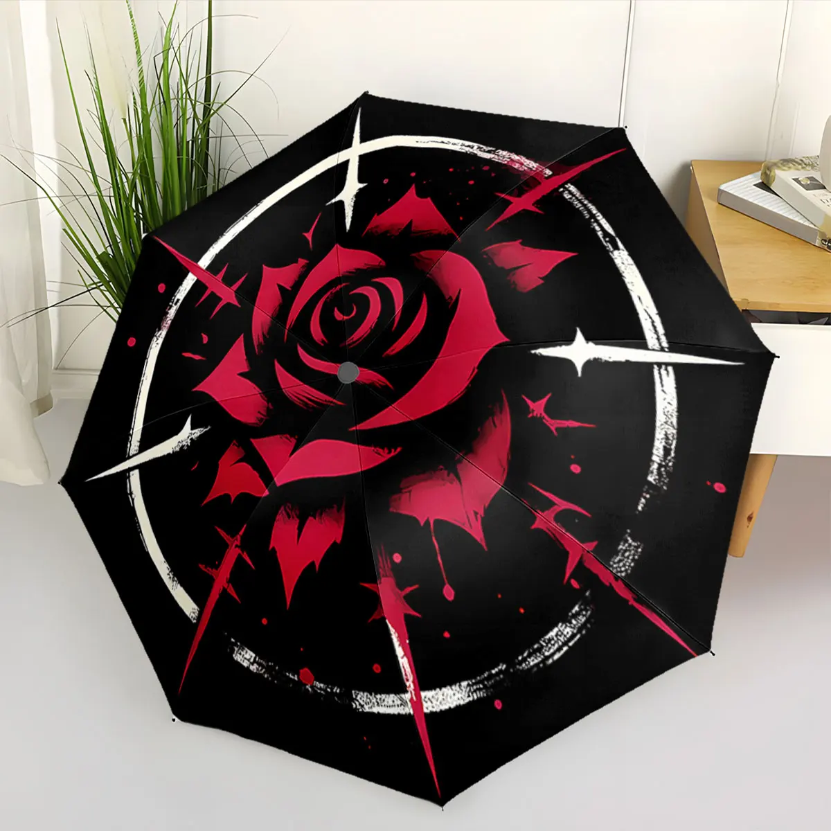 Red Rose with Artistic Thorn and Star Pattern Design portable waterproof sun rain umbrella for outdoor travel beach