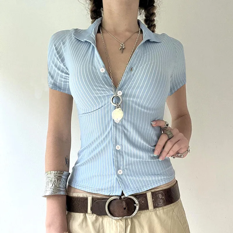 Blue White Stripe Polo Neck Button Splice Short Sleeve T Shirt Slim Fit Curves Sensation Outerwear for Trendy Girls