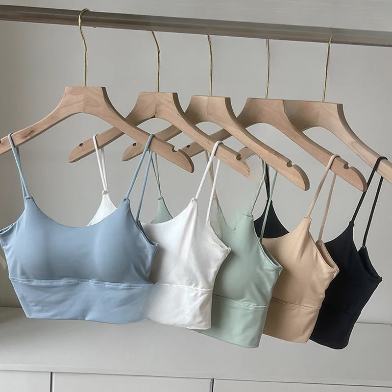 Fashion Ice Silk Vest Crop Tops Women Summer Bra Thin Shoulder Strap Self-contained Chest Pad Girl Fixed Cup Bottoming Underwear