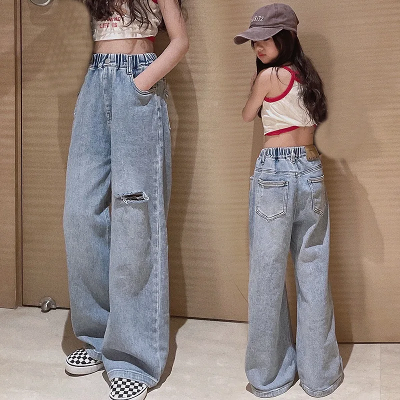 Child Vintage Ripped Jeans for Girls Fashion High Waist Spring Autumn Broken Hole Wide Leg Pants Teenage Kids Denim Trousers