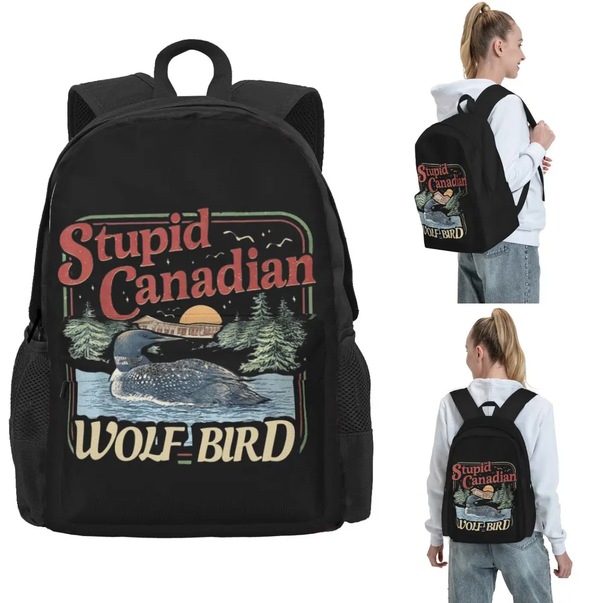 Stupid Canadian Wolf Bird Rucksack, heißer Verkauf, Tagesrucksack, große Kapazität, Kinder-Büchertasche, Schultasche, Umhängetaschen für Männer und Frauen