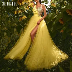 JEHETH Yellow Elegant Evening Dresses Sleeveless V-Neck Prom Party Gowns Flower Appliques Tulle with Side Slit A-Line 2023