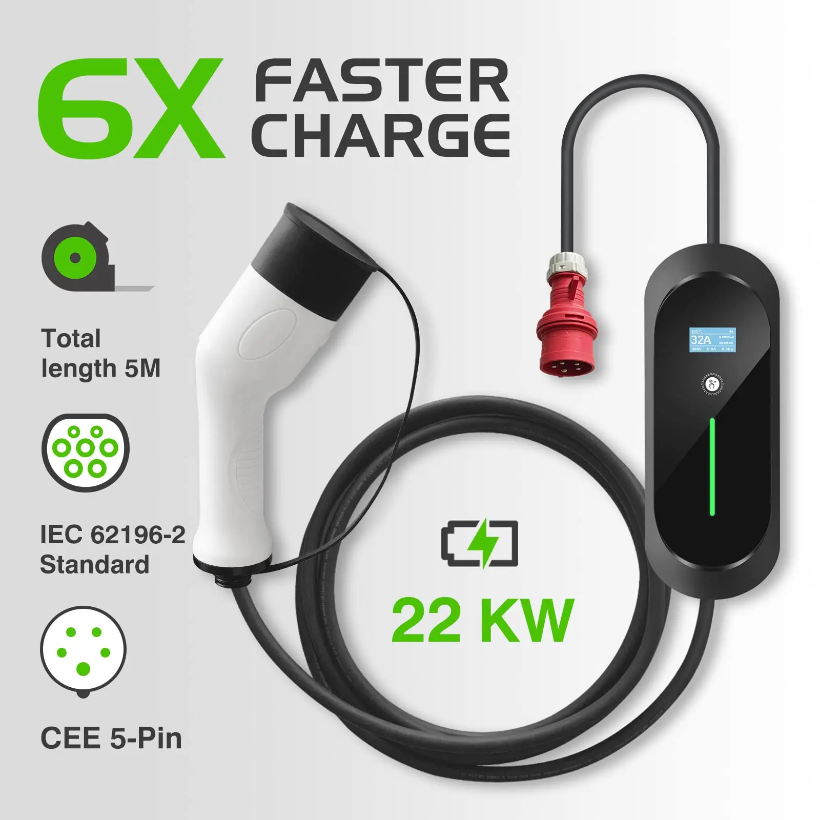 Type 2 Plug EVSE EV Charger Level 2 32A Portable Electr 22kw 380V Wallbox 5m Cable for Electric Car Home Charging Stations