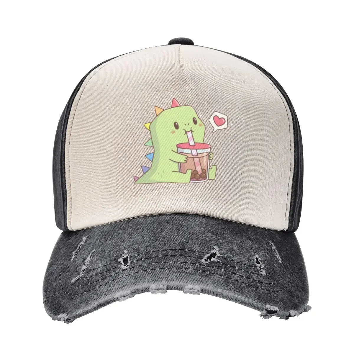 Cute Dino with Rainbow Spikes Loves Bubble Tea Baseball Cap Golf Wear Custom Cap Hip Hop foam party Hat Female Men's