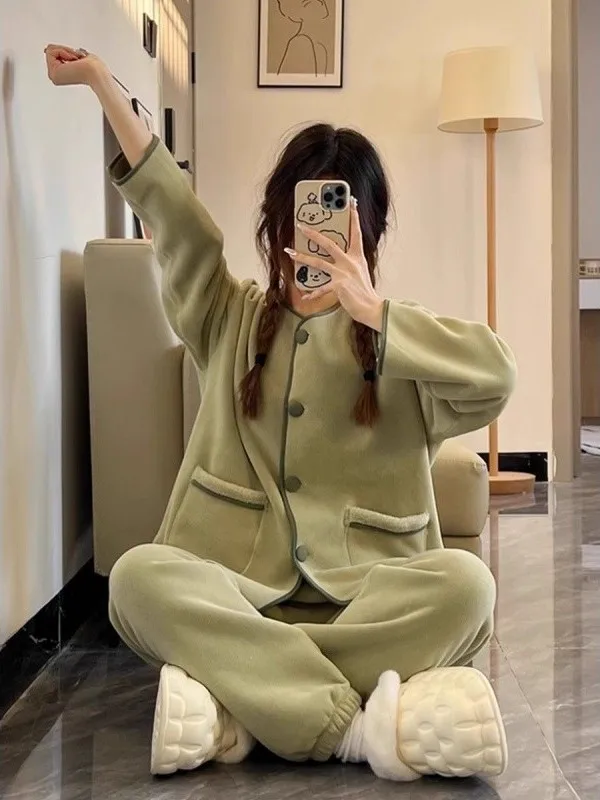 

plus Size Coral Fleece Pajama Set Women's Style Long Sleeve Hoodie Long Pants Home Clothes Two-Piece Set for Autumn Winter