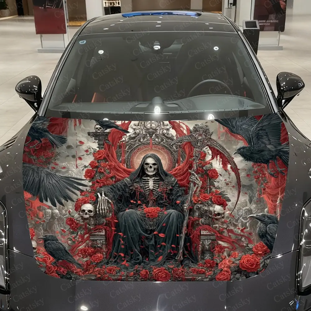 Gothic Black Robed Skeleton Sitting On A Throne Car Vinyl Film, PVC Waterproof Car Hood Sticker