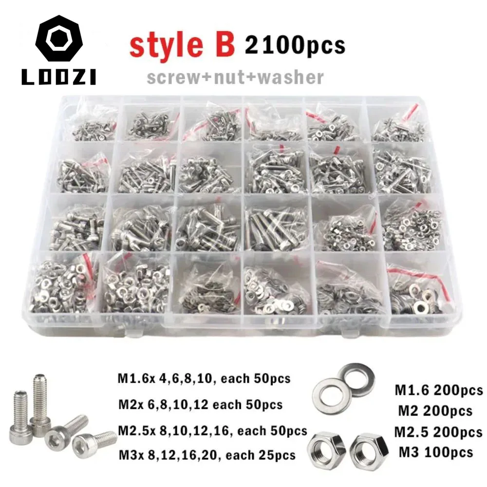 2100–250 Stück M1,6 M2 M2,5 M3 M4 M5 304 Edelstahl Innensechskant Innensechskantschraube Bolzen Mutter Unterlegscheibe Set Sortiment Kit – Detail 2