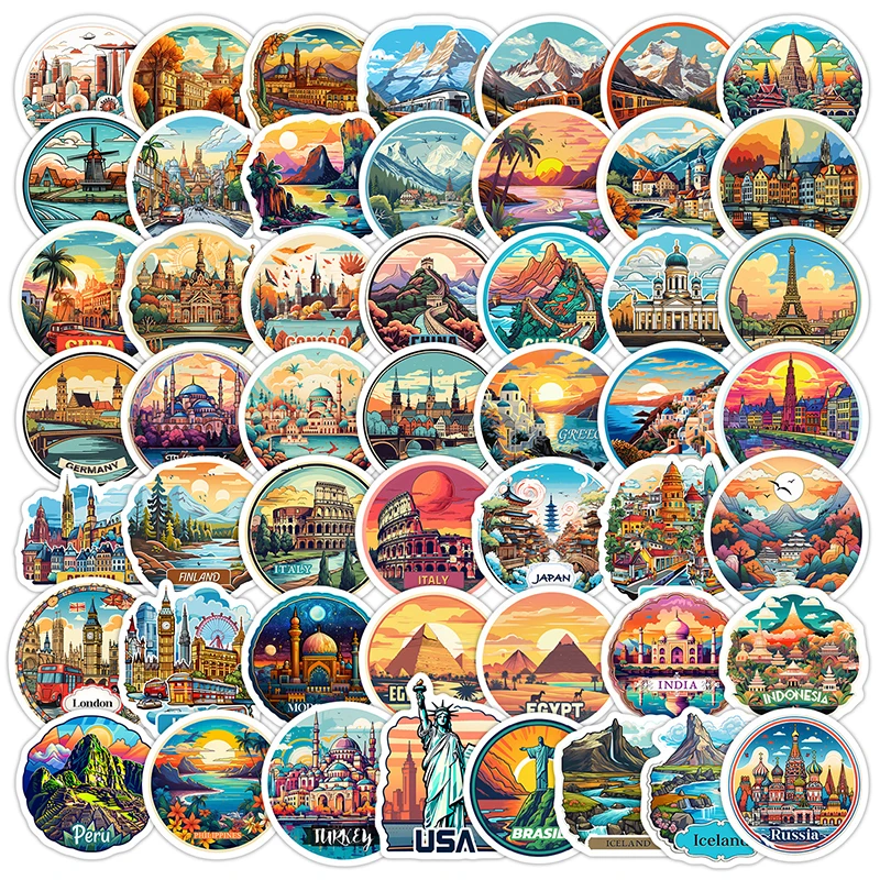 

50 шт., мировая достопримечательность, архитектура, туристические городские наклейки, гитара, скейтборд, чемодан, путешествия, красивые пейзажи, граффити, наклейки, игрушки