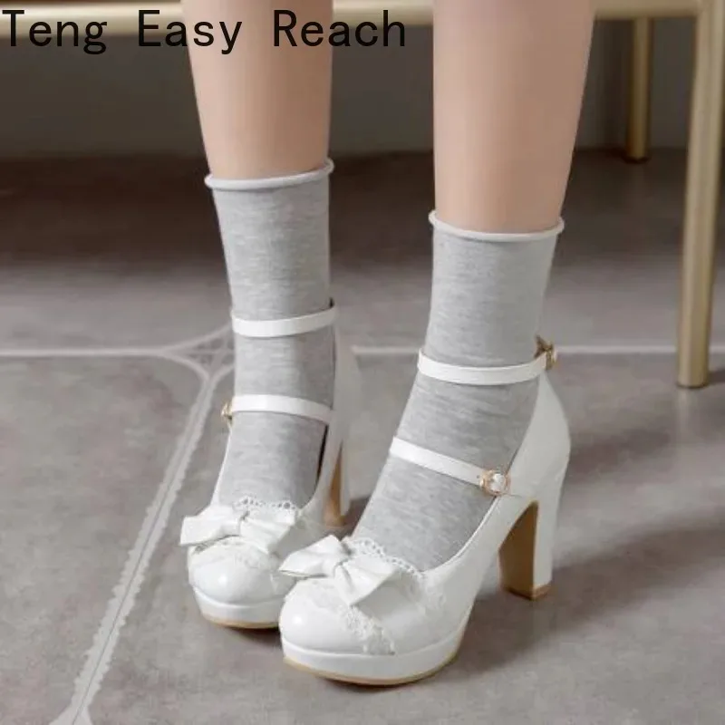 Cross Strap Women High Heels Mary Jane Pumps Party Wedding Cosplay White Pink Black Strawberry Bow Princess Lolita Shoes