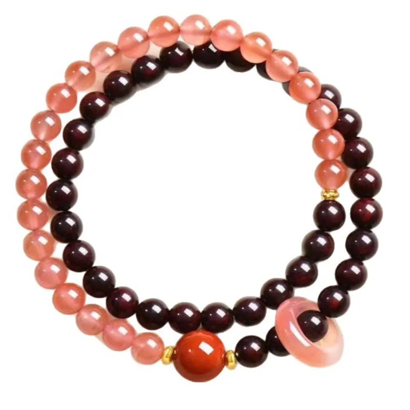 Traditional Chinese Style Lucky 6mm Small Leaf Red Sandalwood Double Layer Bracelet For Women South Red Agate Blessing Fortune