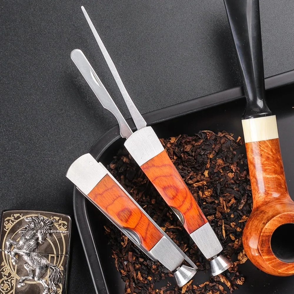 

1PCS 3 in 1 Smoking Pipe Tool Red Wood Handle Stainless Steel Tobacco Cleaner Presser Smoke Knife Multifunctional Smoking Access