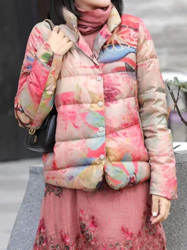 Female 2022 Warm Winter New in Loose Casual Printing Buttons Small Stand Neck Short Coats Goose Puffer Down Jacket Women