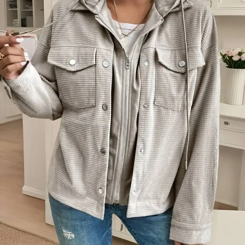 

woman long sleeve tops pluse-size waffle-knit solid color layered jacket, casual commute coat with hood, button and zipper