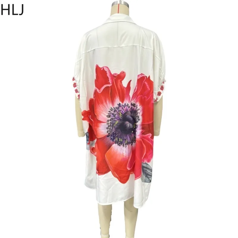 HLJ Elegant Floral Printting Loose Shirt Women 2025 Summer Short Sleeve Irregular Patchwork Shirt Style Dress Female Vestidos