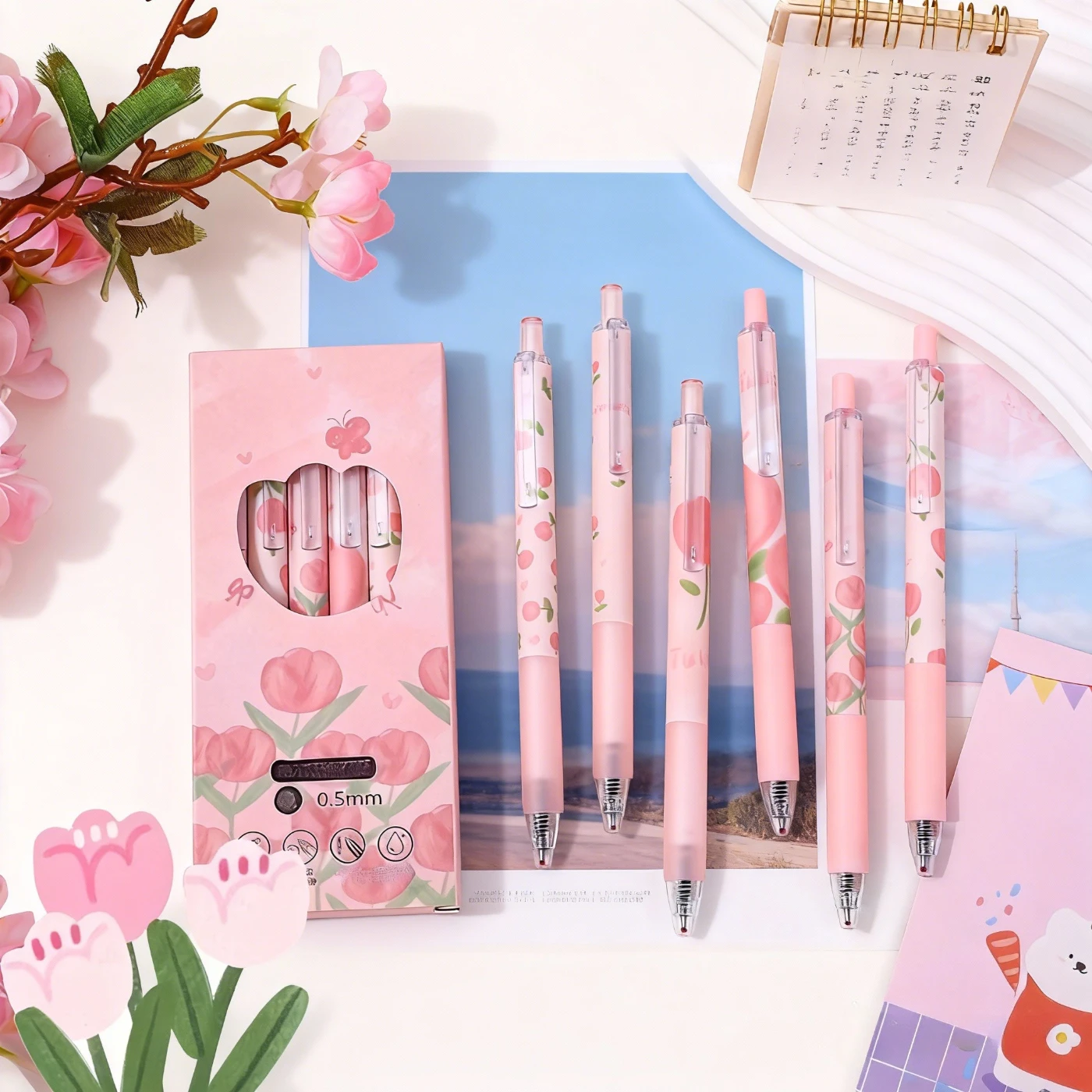 

6pcs Tulip Click Pens, 0.5mm Fine Tip Ink, Smooth Writing, Portable Retractable Design, Ideal for Students and Office Use