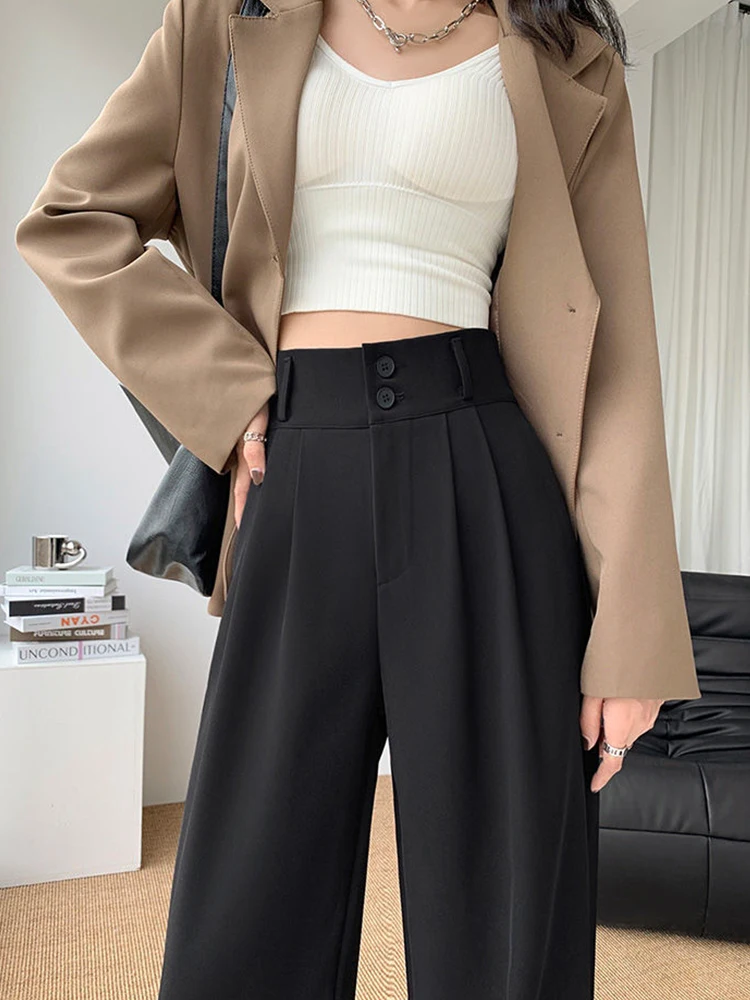 Loose Casual Elegant Straight Pant Versatile Fashion High Waisted Black Buttons Trousers Autumn Office lady Oversized Suit Pants