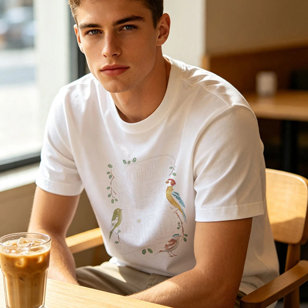 Sorry I Am Late I Saw A Bird Charming Avian Characters Group Print Male Black T Shirt Humorous Wildlife Lover Graphic Tee