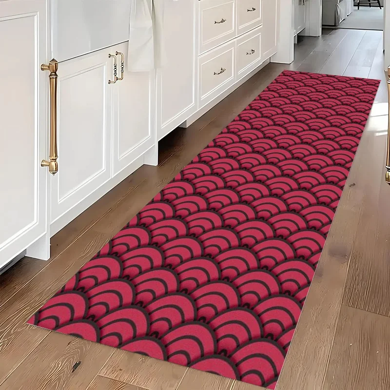 Red Japanese Wave Runner Rug Anti Slip Kitchen Floor Mat Traditional Oriental Wave Pattern Hallway Bedroom Decor Area Carpet