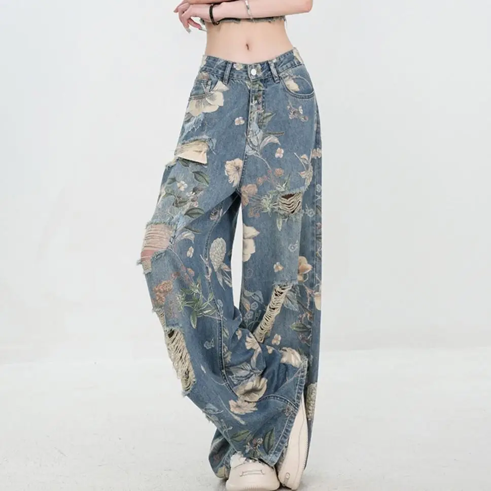 Women Jeans Flower Blue Hip-Hop Fashion American Retro Printing Wide Leg Jean High Waist 2024 Female Trouser Baggy Denim Pants