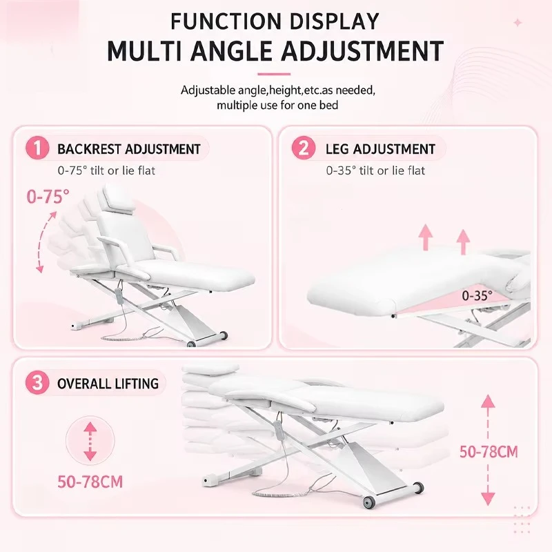 Adjustable Facial Massage Bed  Electric Massage Bed 3-Motor Beauty & Facial Treatment Chair / Luxury Curved Eyelash Bed