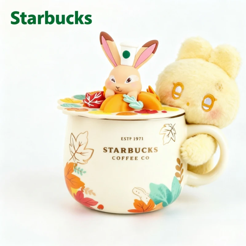 Mug Starbucks Autumn Rabbit de 414 ml, tasse en céramique crème avec couvercle en forme de lapin mignon, cadeau idéal pour la mi-automne pour elle, tasse Starbucks