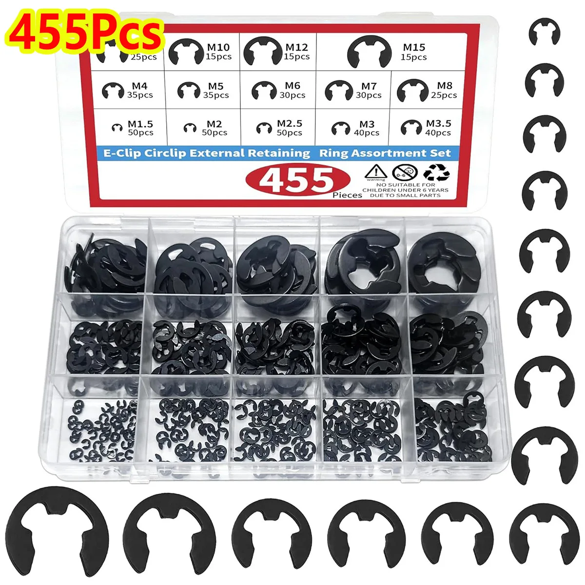 455Pcs Black E-Clip External Retaining Rings Snap Rings Assortment Set Carbon Steel C-Clip Kit Circlip Snap Fixed Eclip Washers