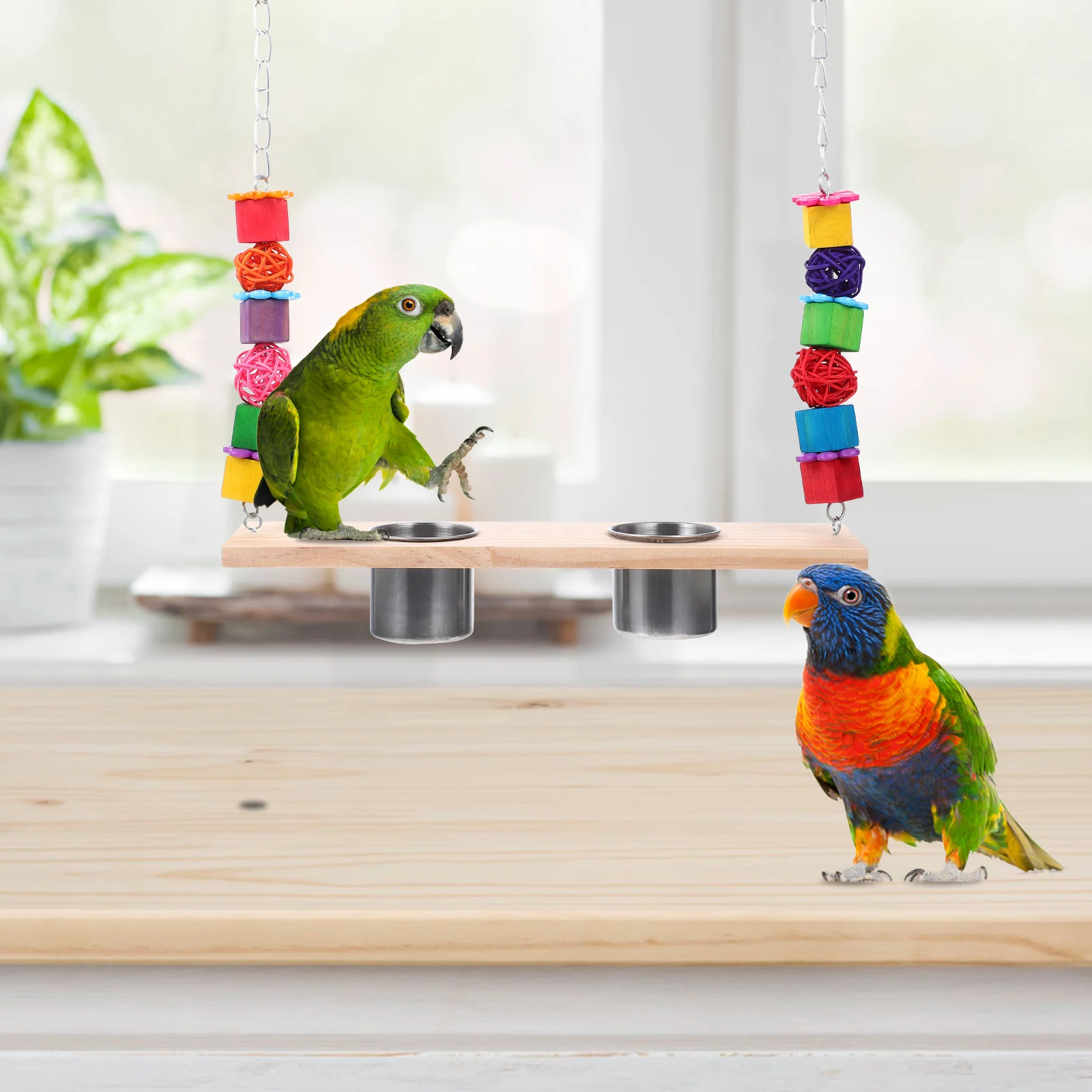 

Parrot Swing Toy Premium Wood Metal Detachable Cups Feed Water Hanging Cage Accessory Bird Perch Parakeet Play St