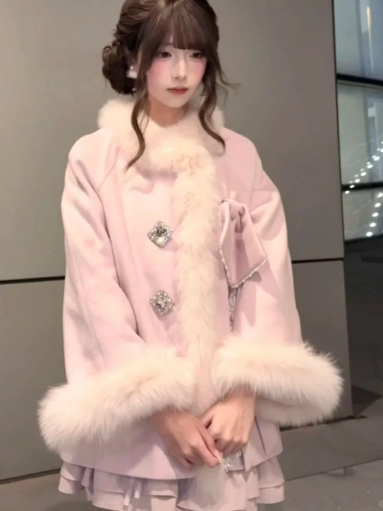 

Зимнее японское милое элегантное шерстяное пальто Kawaii, женское пальто на пуговицах в стиле Харадзюку, теплая смесь, женская шикарная корейская популярная одежда